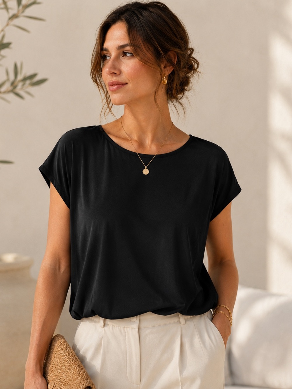 Paperoc Black Open Back Tie Blouse Dolman Sleeve Flowy Top Size M